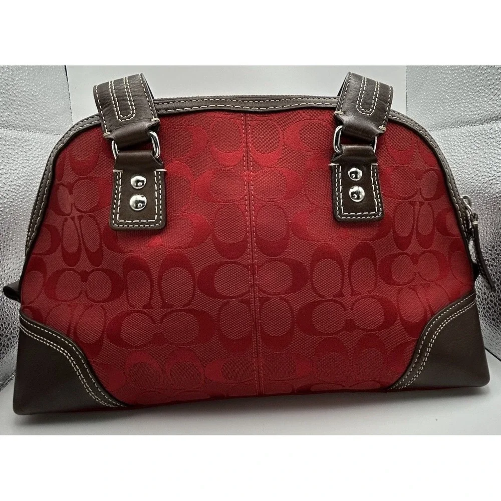 Coach Miranda Signature Red Canvas Brown Leather Satchel Bag Y2K